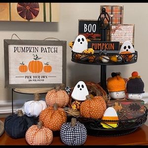 Three fabric stuffed handmade pumpkins fall decor